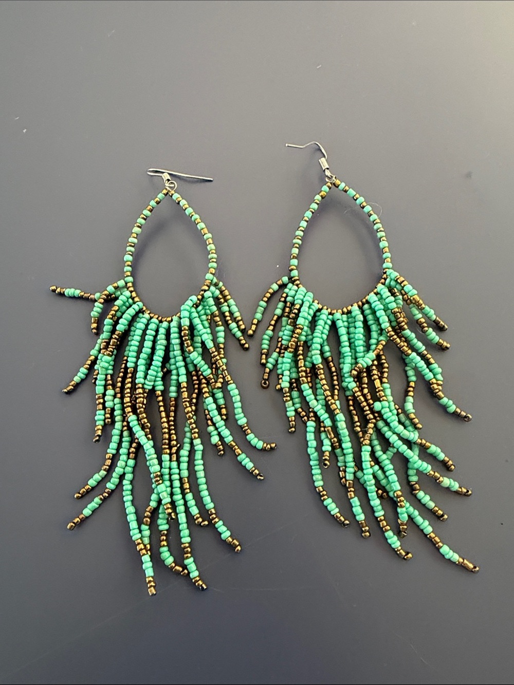 Turquoise and Gold Beaded Fringe Hoop Earrings - Women Jewelry